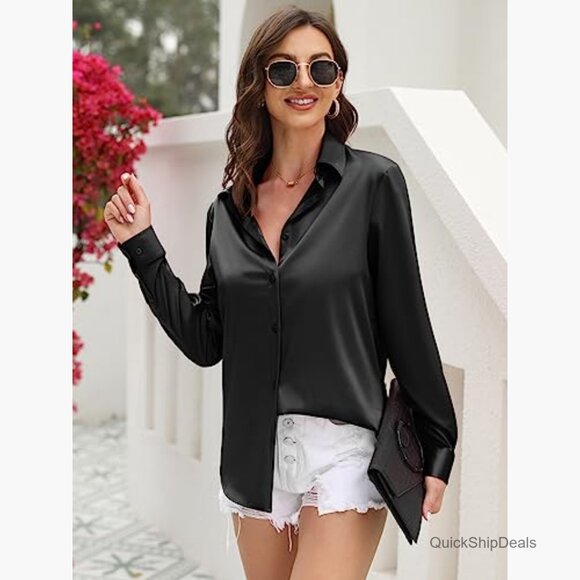 Soft Satin Silk Leopard Print Button Down Shirt Long Sleeve Blouse - Picture 2 of 7